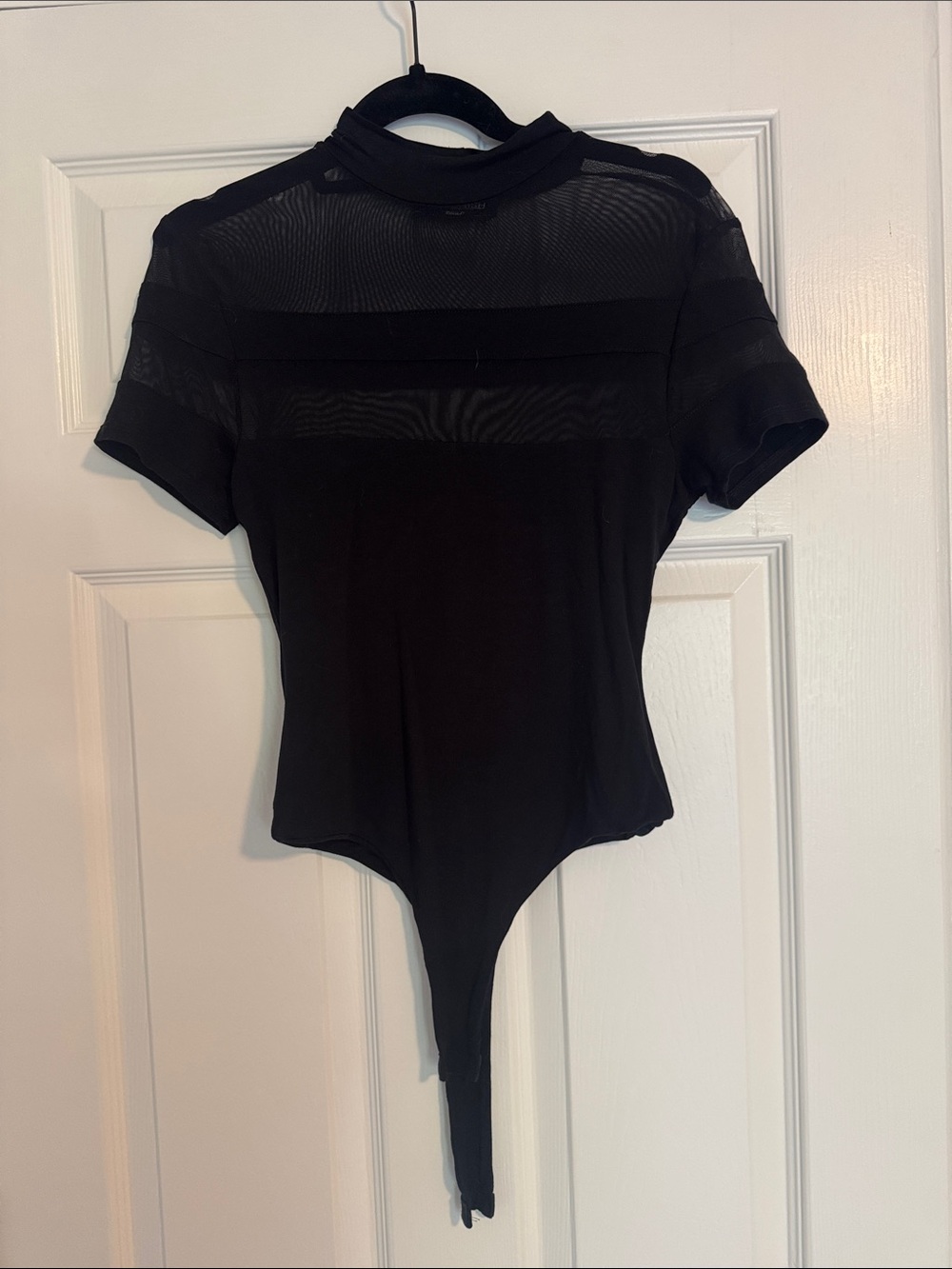 Kittenish Black Short-Sleeve Mesh-Panel Bodysuit